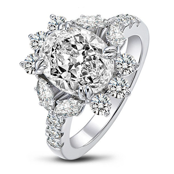 Luxury Flower Oval Created CVD Diamond Engagement Halo Ring