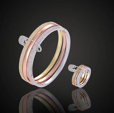 Pave Setting 3 Color Plated Bracelet&Ring