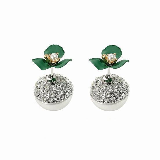 Deep Green Flower Double-sided  Pearl Earrings