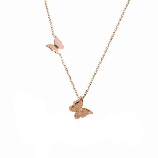 Double Butterfly Flutter Rose Golden Necklace