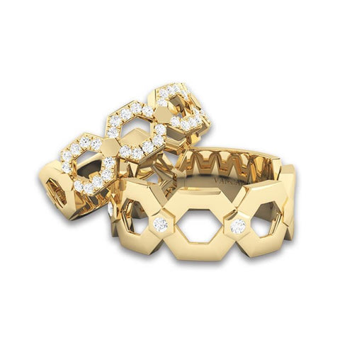 Gold Wedding Ring Set For Couples Geometry Honeycomb Inspired