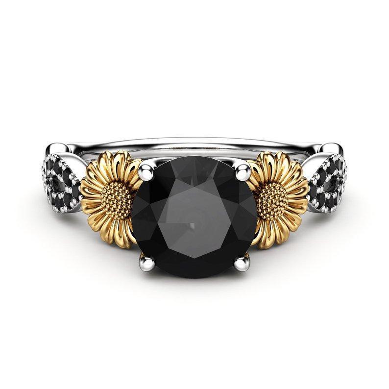 Natural Black Stone Silver Sunflower