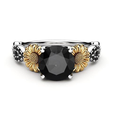 Natural Black Stone Silver Sunflower